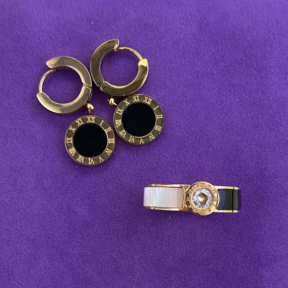 💛 18k Gold Plated Stainless Steel Roman Numeral Earrings and Ring Set - Picture 1 of 11